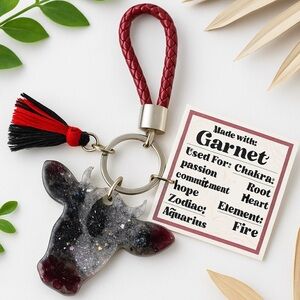 💗5 for $25💗 Glitter Garnet Crystal Cow Bull Head Keychain with Red Braided Loop